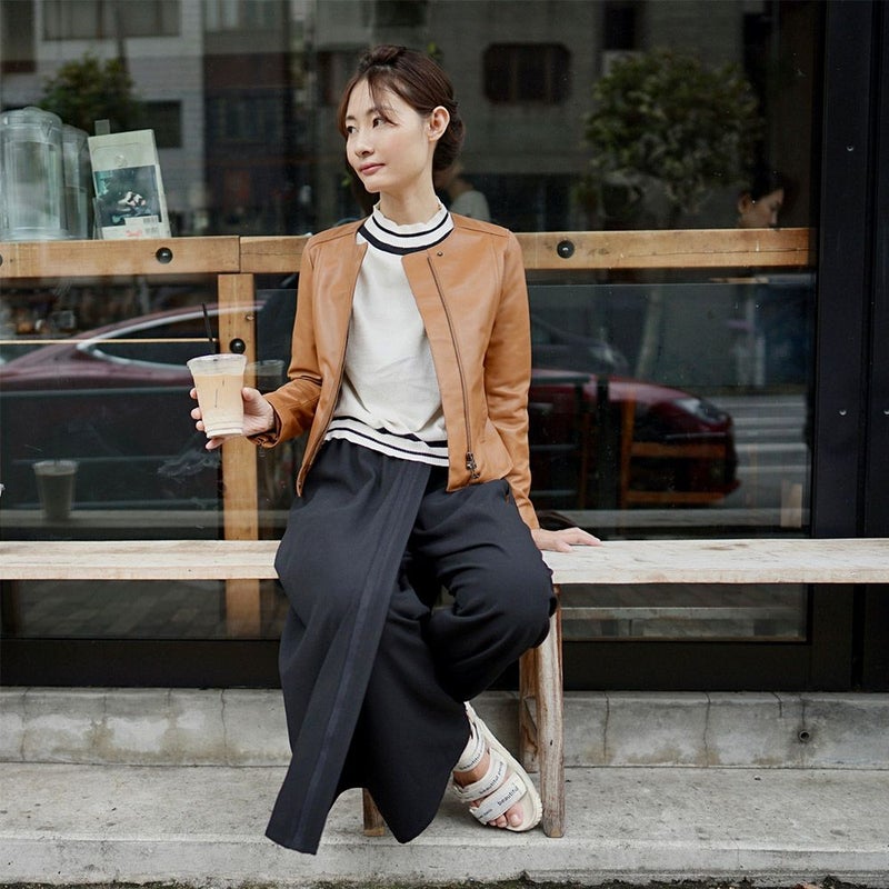 ラムレザー本革ノーカラージャケットレディース