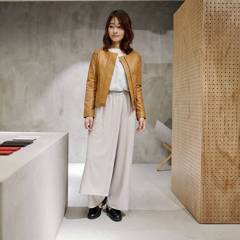 ラムレザー本革ノーカラージャケットレディース