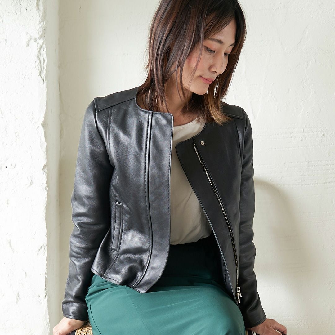 もりのがっこう　ラムレザー ノーカラージャケットブルゾン　ライダースジャケット ラムレザー ノーカラージャケットブルゾン(ブラック) | もりのがっこう公式