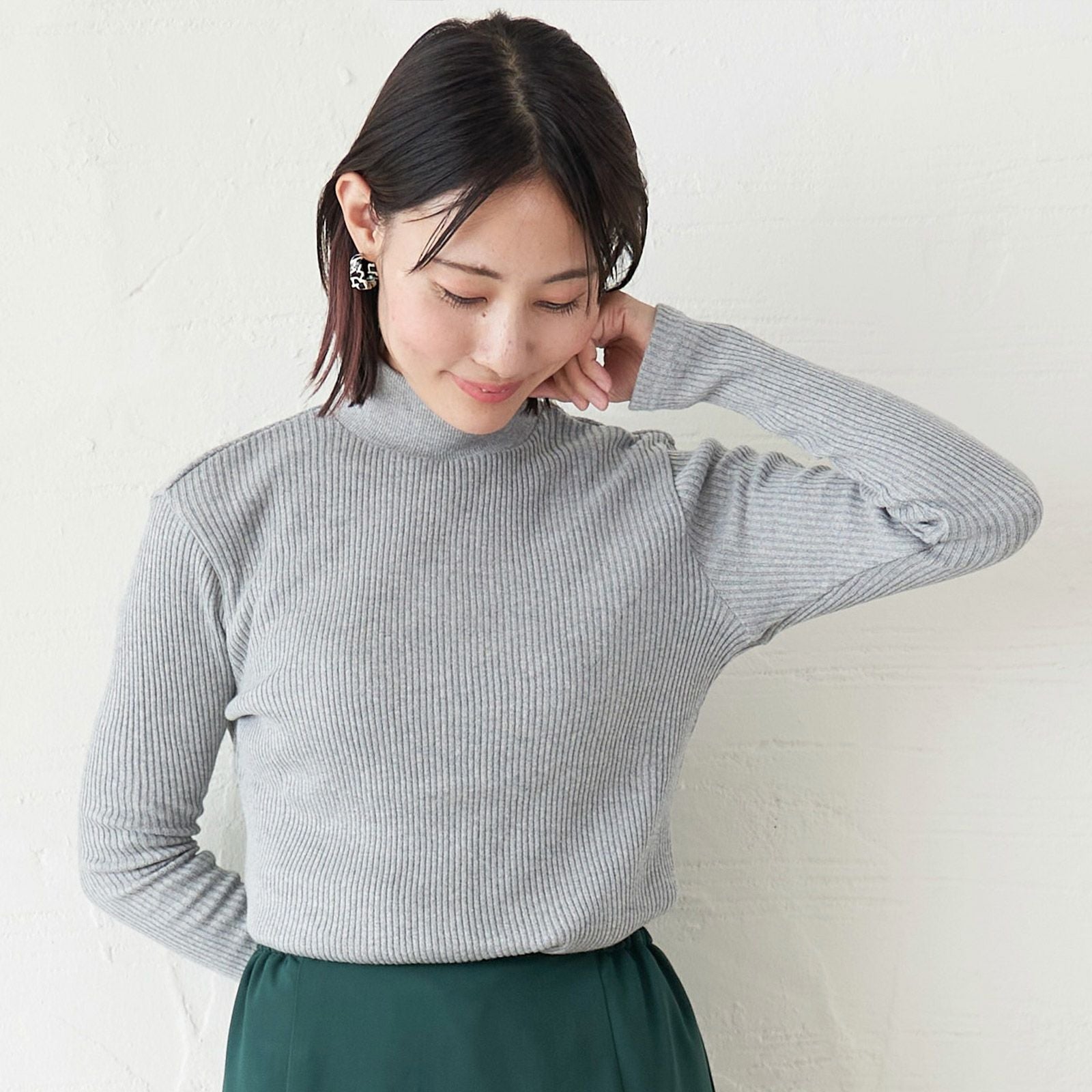 コットン100ハイネックテレコトップスセット (ホワイト&amp;グレー&amp;ブラック) 3色セット】テレコニット ハイネックトップス(ホワイト&グレー