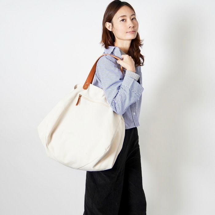 本革持ち手 2way ビッグトートバッグ（キャンバスホワイト×キャメル