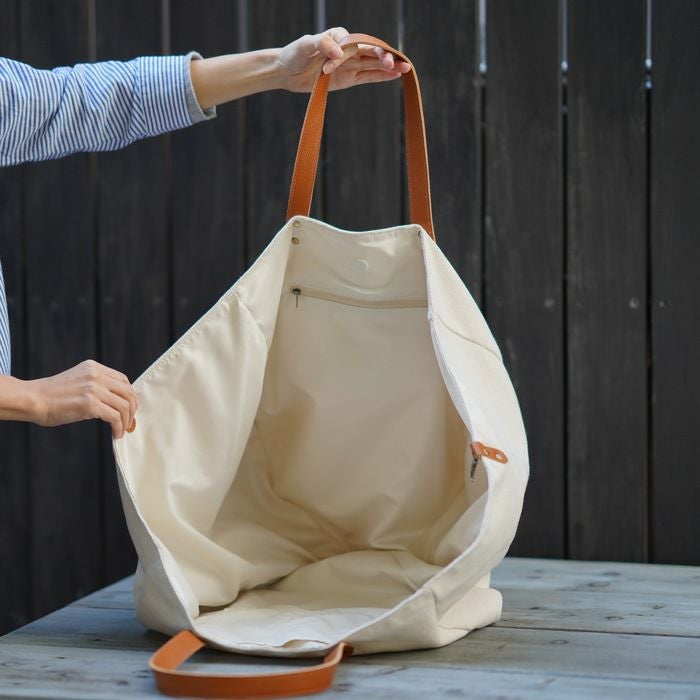 本革持ち手キャンパスビッグトートバッグ