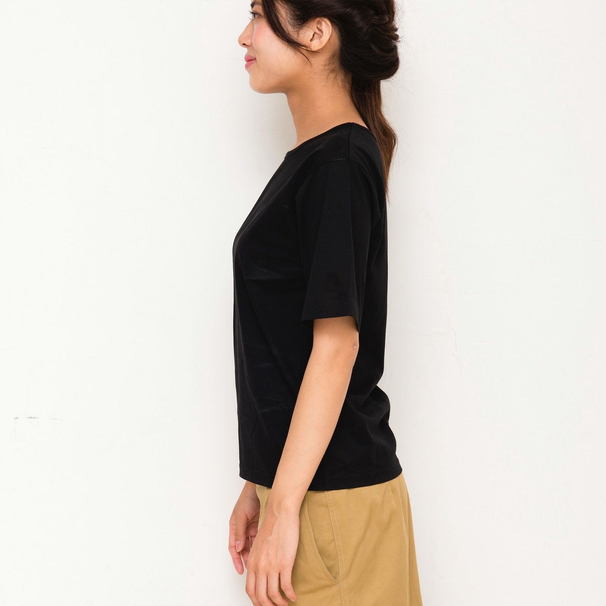 二の腕カバー細見え大人のTシャツレディースブラック