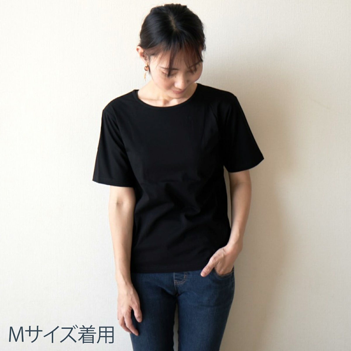 二の腕カバー細見え大人のTシャツレディースブラック