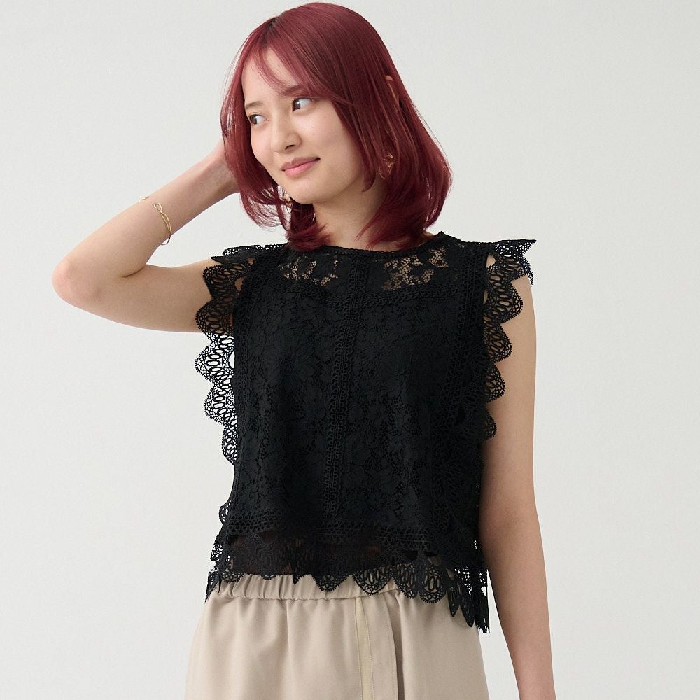二の腕カバー細見えレースブラウスブラック