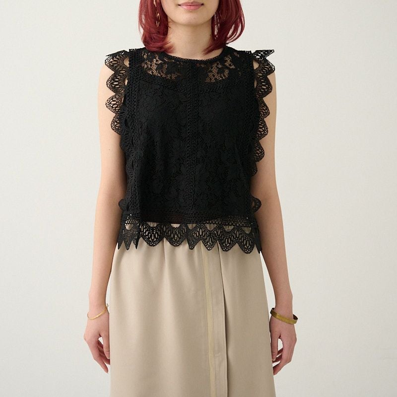 二の腕カバー細見えレースブラウスブラック