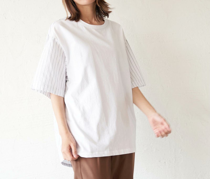 メンズ Tシャツ 夏服 白 ホワイト ストライプ きれいめ もりのがっこう
