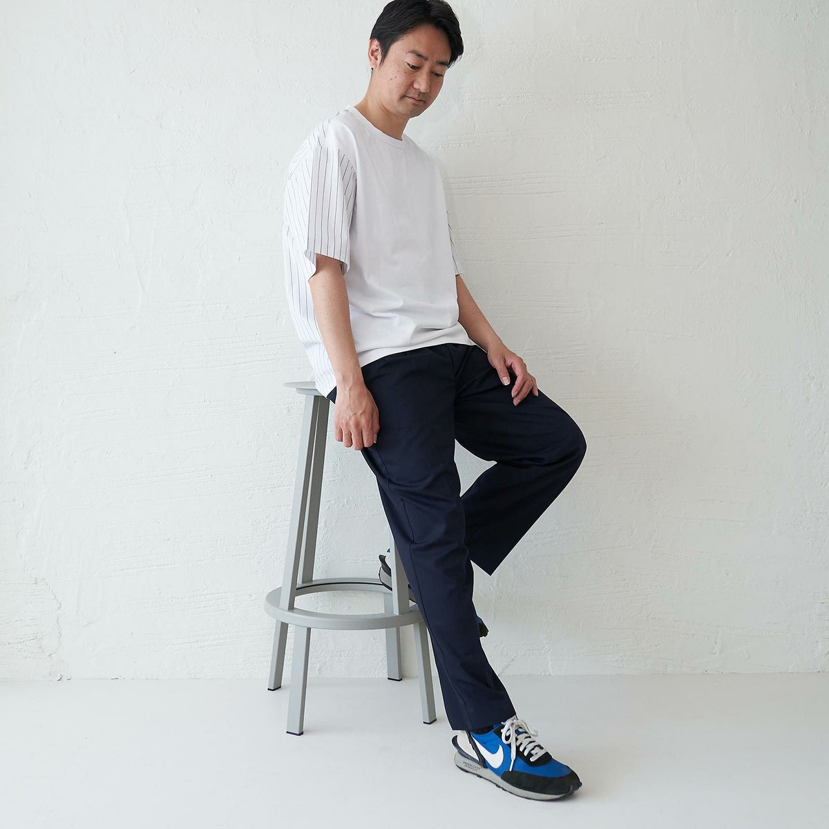 メンズ Tシャツ 夏服 白 ホワイト ストライプ きれいめ もりのがっこう