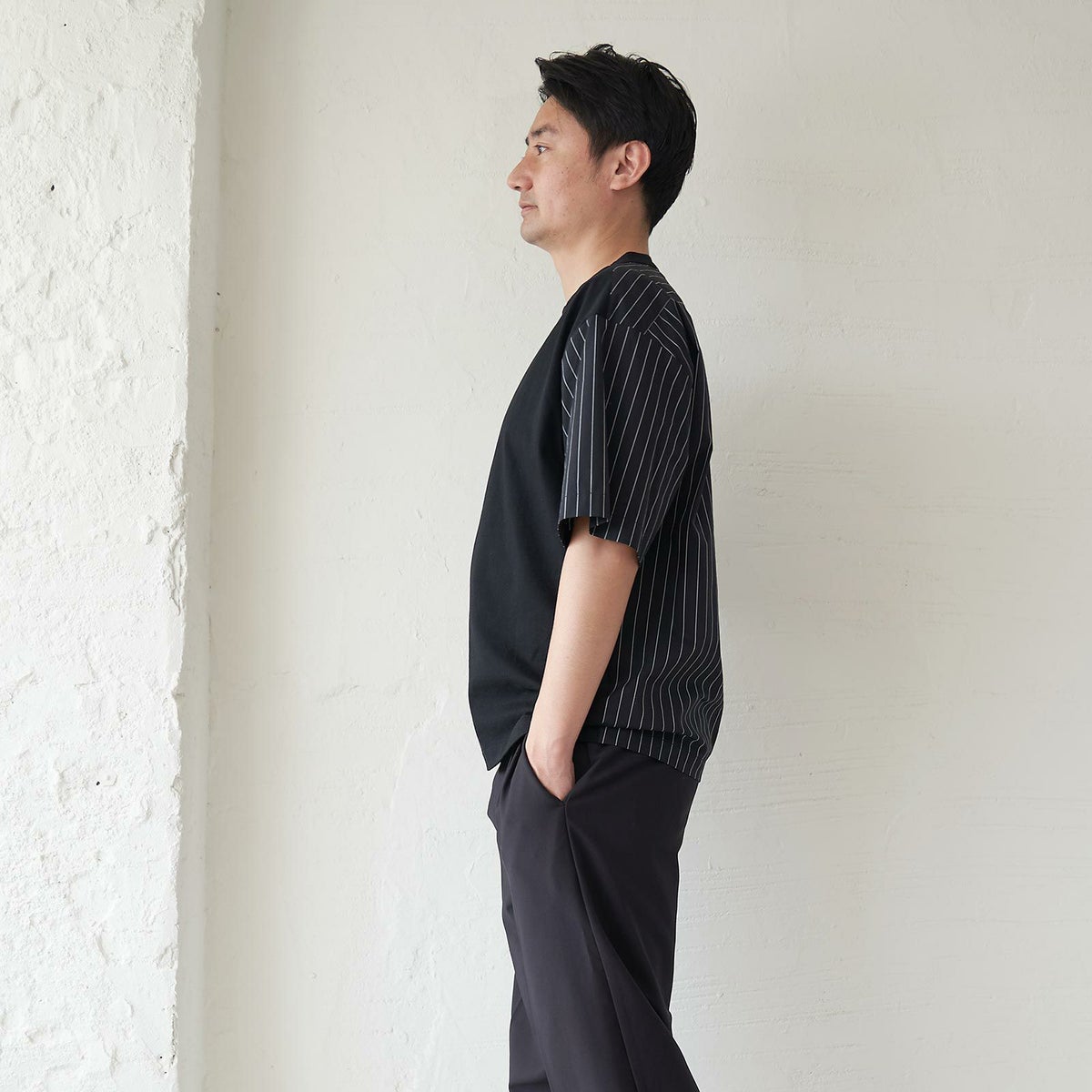 メンズ Tシャツ 夏服 黒 ブラック ストライプ きれいめ もりのがっこう