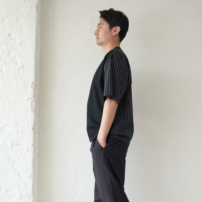 メンズ Tシャツ 夏服 黒 ブラック ストライプ きれいめ もりのがっこう