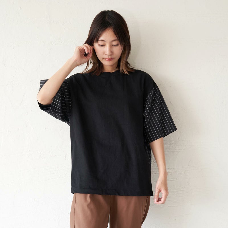 メンズ Tシャツ 夏服 黒 ブラック ストライプ きれいめ もりのがっこう