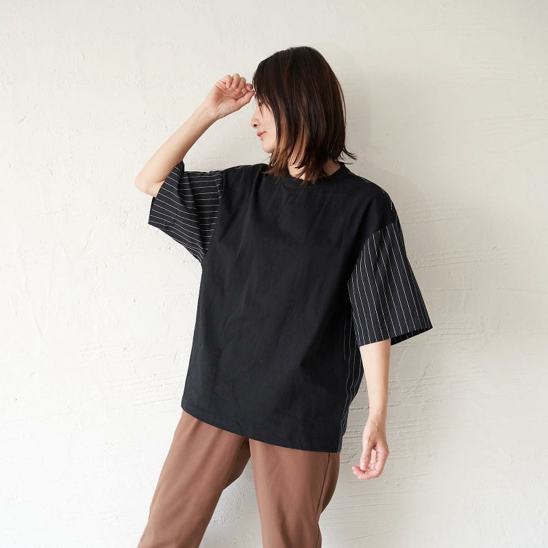 メンズ Tシャツ 夏服 黒 ブラック ストライプ きれいめ もりのがっこう