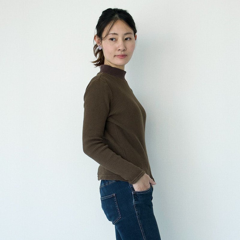 コットンテレコ天然素材タートルネック茶レディース