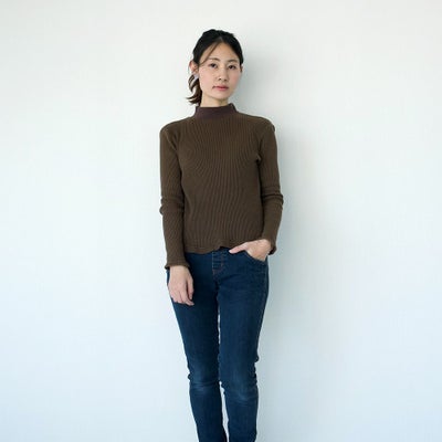 コットンテレコ天然素材タートルネック茶レディース