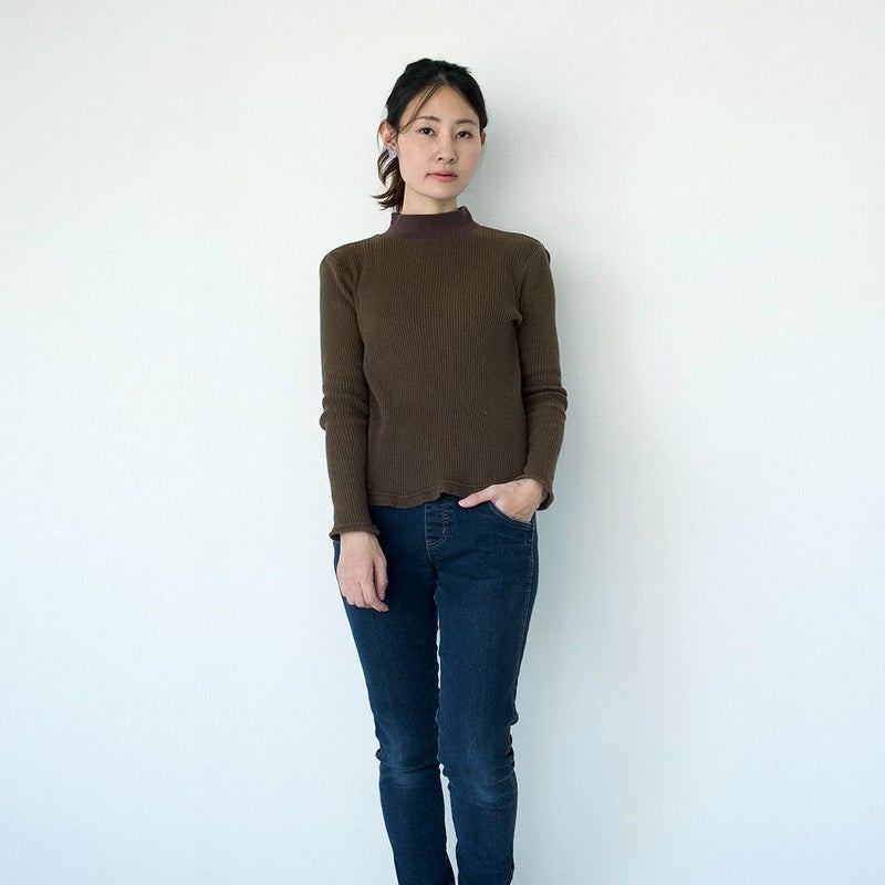 コットンテレコ天然素材タートルネック茶レディース