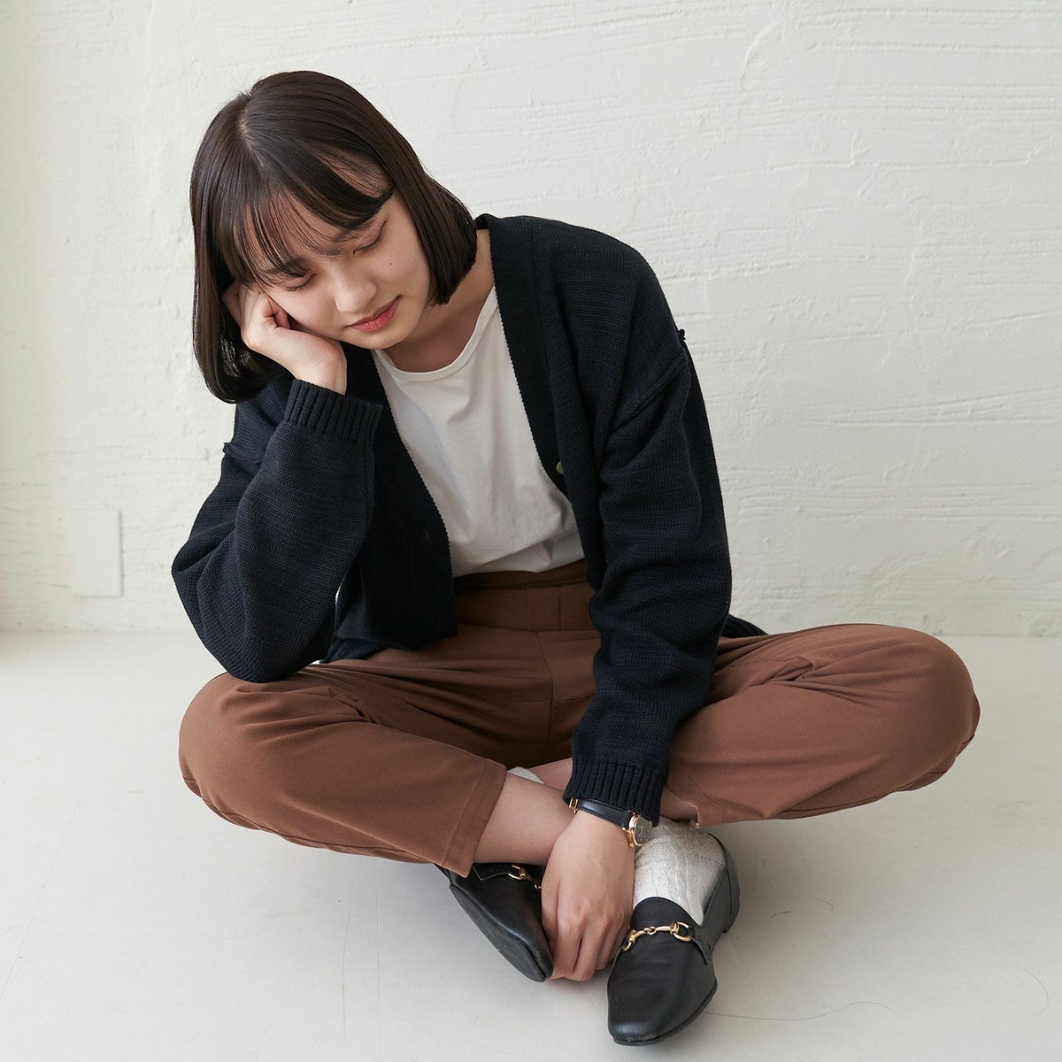 コットンニットカーディガン黒ブラック制服レディース