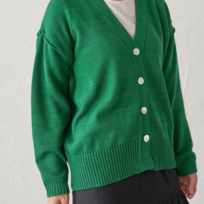 洗濯できるコットンニットカーディガン緑レディース