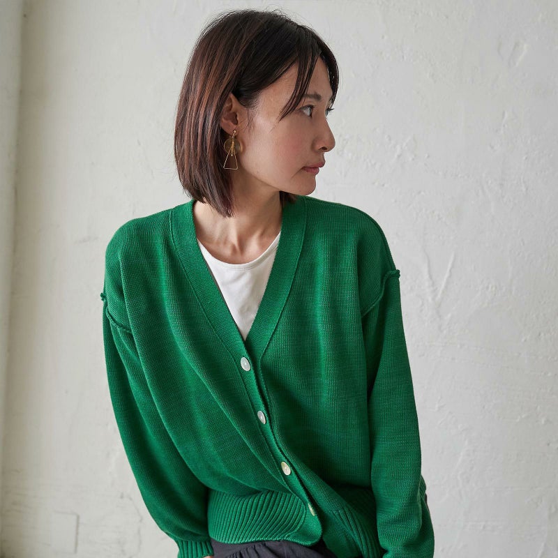 洗濯できるコットンニットカーディガン緑レディース