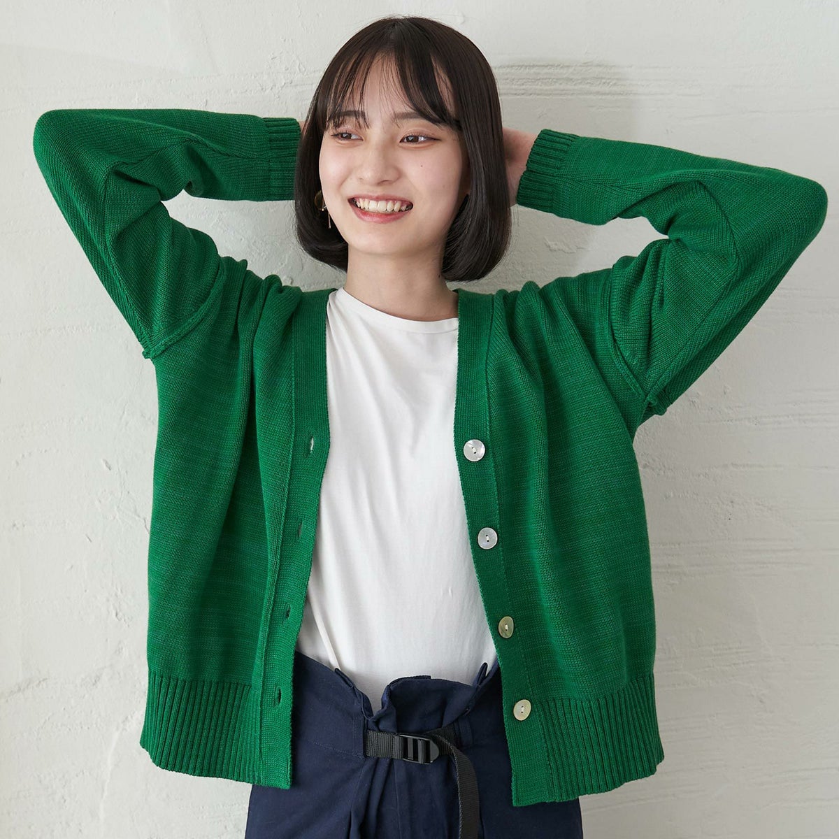 洗濯できるコットンニットカーディガン緑レディース