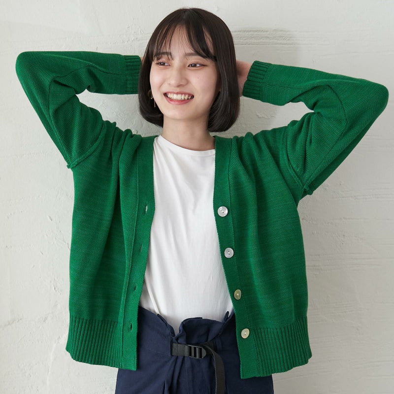 洗濯できるコットンニットカーディガン緑レディース