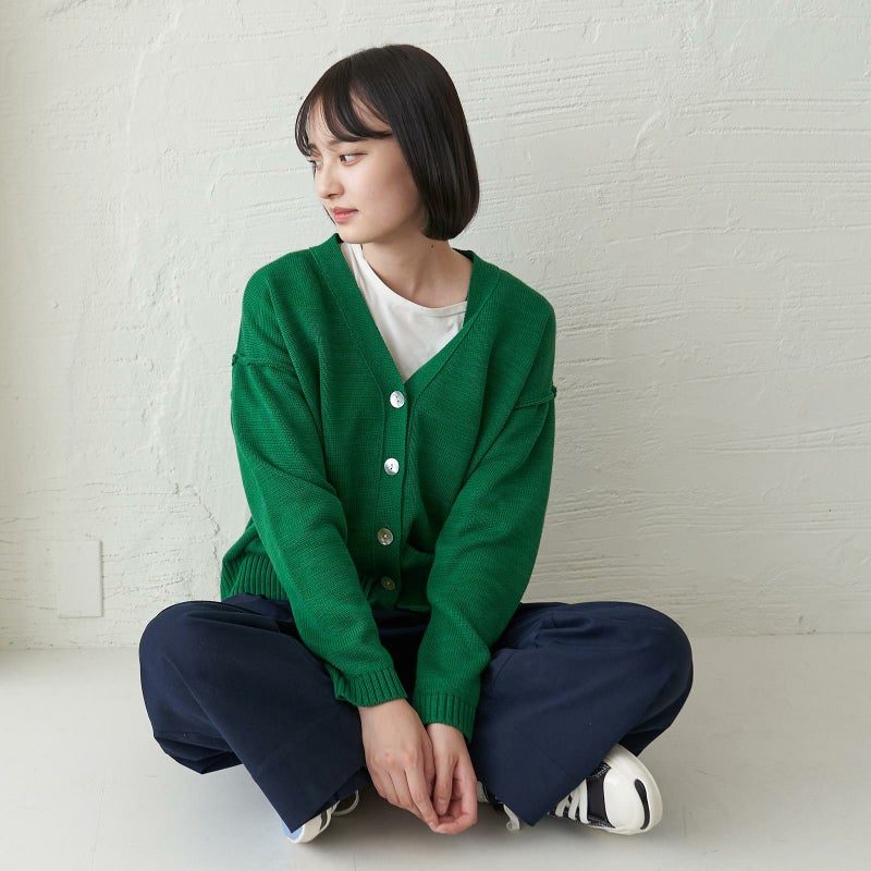 洗濯できるコットンニットカーディガン緑レディース