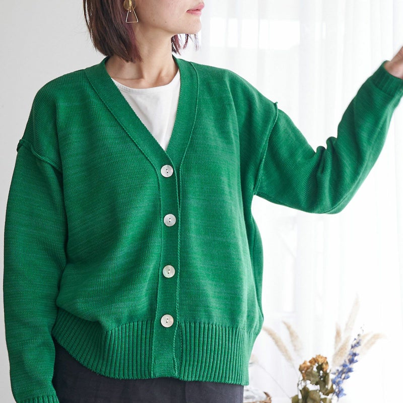 コットンニットカーディガン抗菌消臭グリーン緑レディース