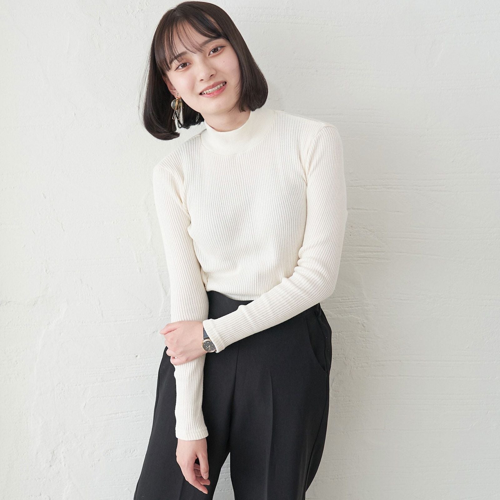 コットン100ハイネックテレコトップスセット (ホワイト&グレー&ブラック) 3色セット】テレコニット ハイネックトップス(ホワイト&グレー