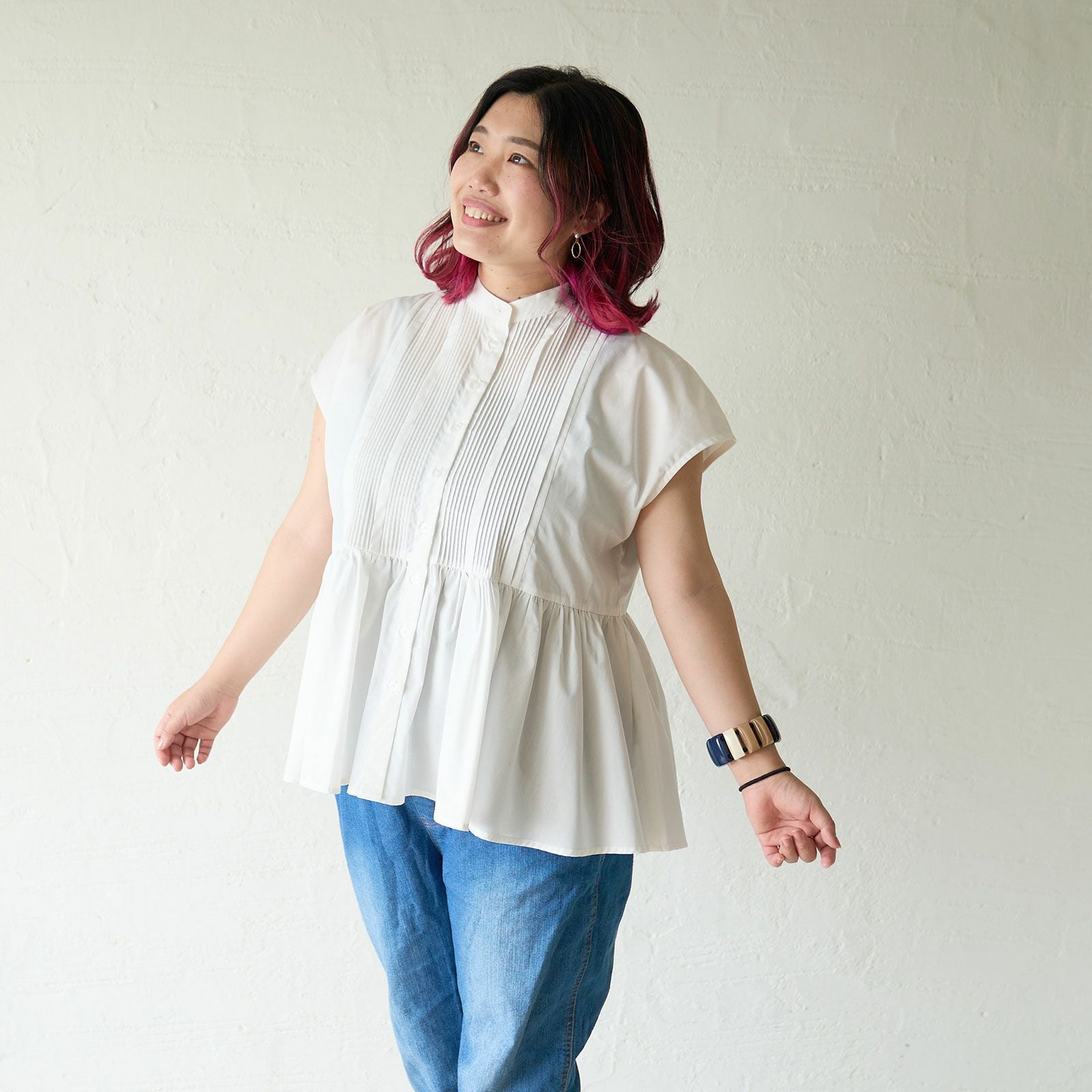 プラスサイズ 大人可愛いピンタックブラウス (ホワイト) | もりのがっ