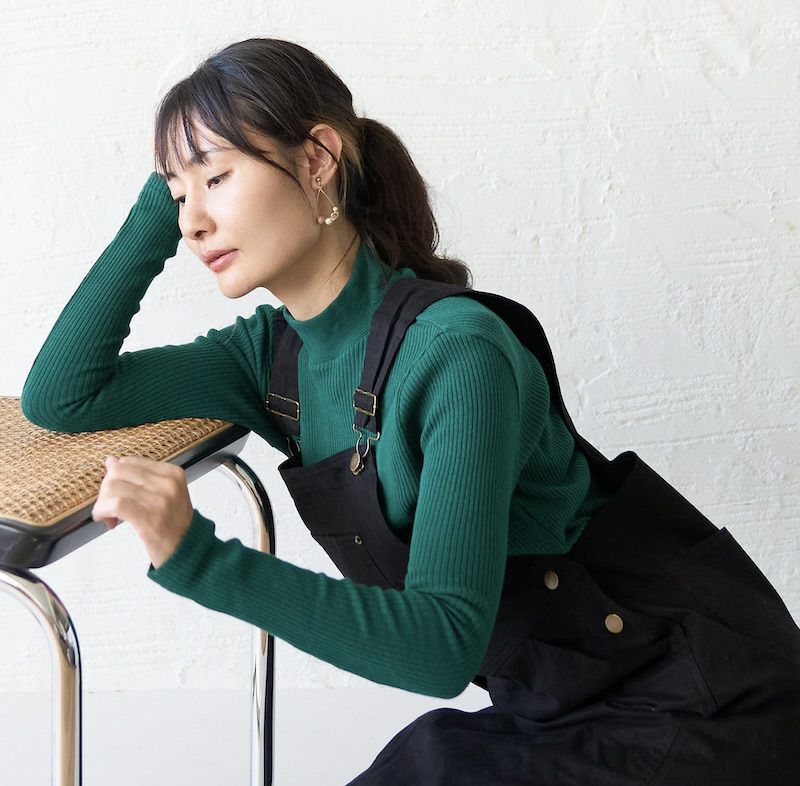 テレコニット ハイネックロングスリーブトップス(グリーン) | もりのが