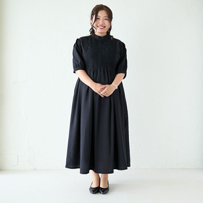 【新品未使用】ANDREA&Co. 半袖ワンピ ブラック プラスサイズ レースが可愛い半袖フォーマルワンピースドレス(ブラック
