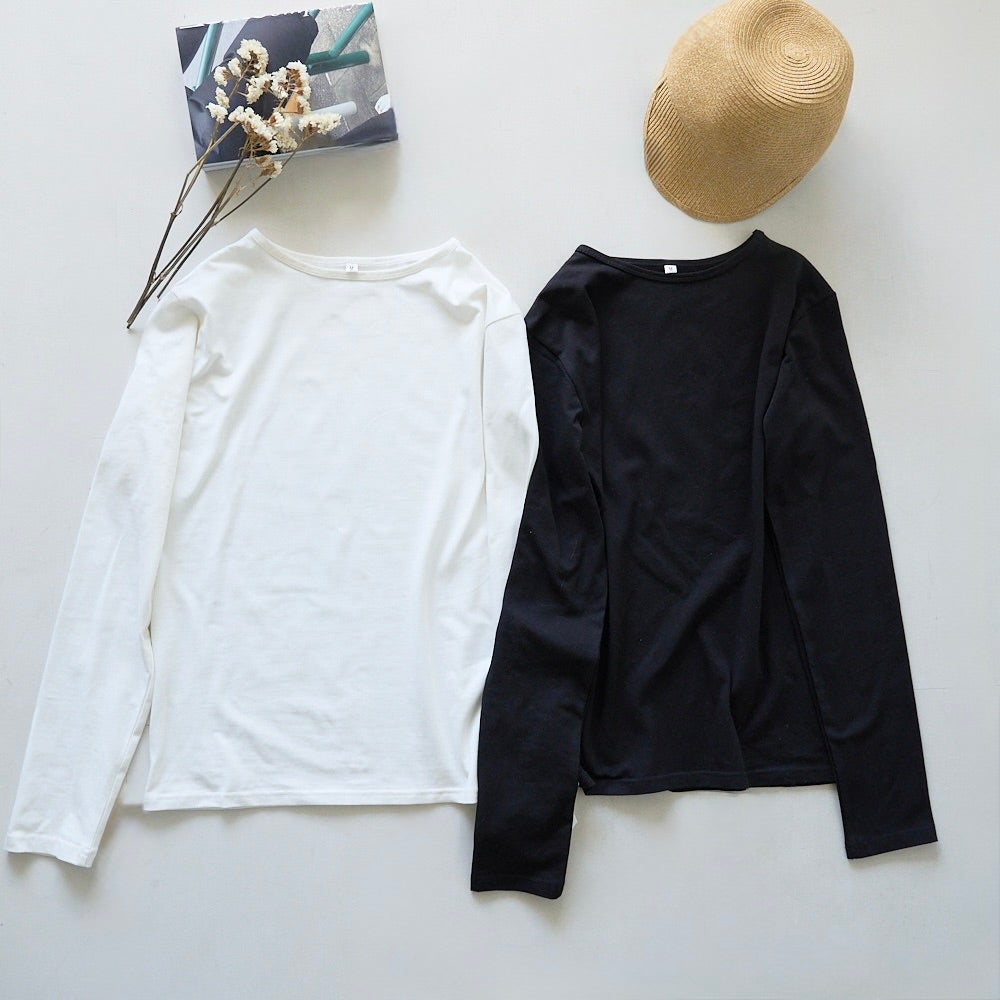 【二枚セット】袖くしゅ美シルエット　ロングスリーブTシャツ（ブラック・ホワイト）