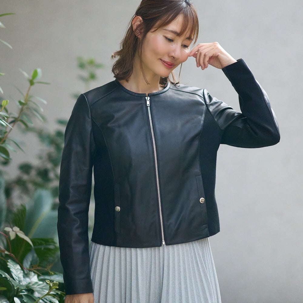 もりのがっこう ラムレザーノーカラージャケット ブラックの着用・ディテール写真