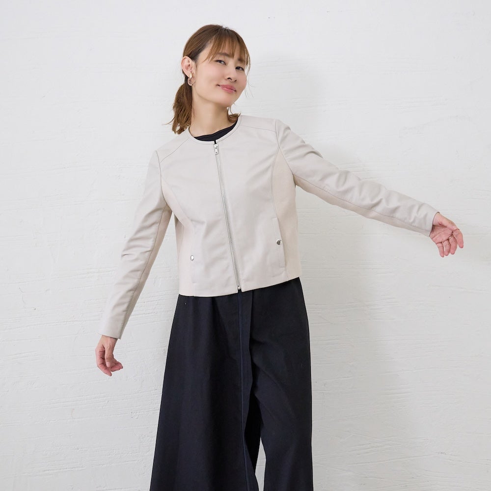 もりのがっこう ラムレザーノーカラージャケット ライトグレーベージュ