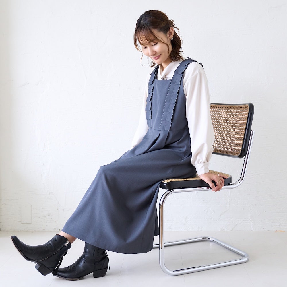 もりのがっこう サロペットワンピース チャコールグレー 全身